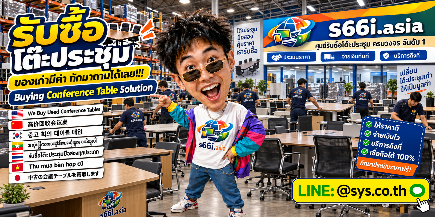 ทีมงาน s66i.asia รับซื้อโต๊ะประชุมและเฟอร์นิเจอร์สำนักงานในโกดัง
