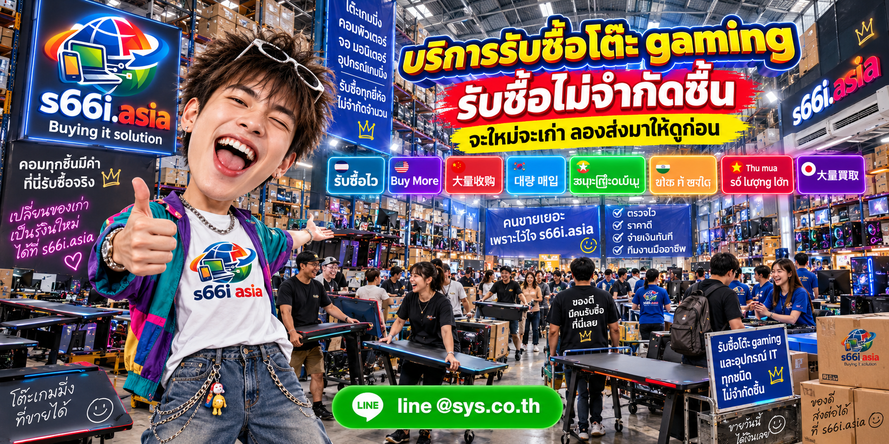 ทีมงาน s66i.asia ในโกดังโต๊ะ gaming และโกดังไอทีสำหรับงานรับซื้อทั่วไทย