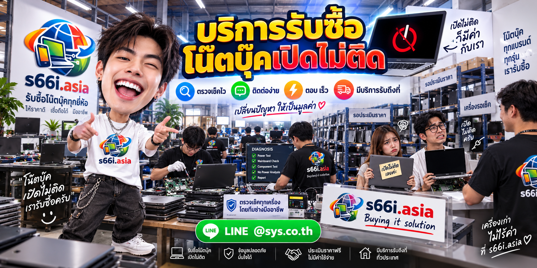ติดต่อ LINE @sys.co.th เพื่อขายโน๊ตบุ๊คเปิดไม่ติดและขอประเมินราคา