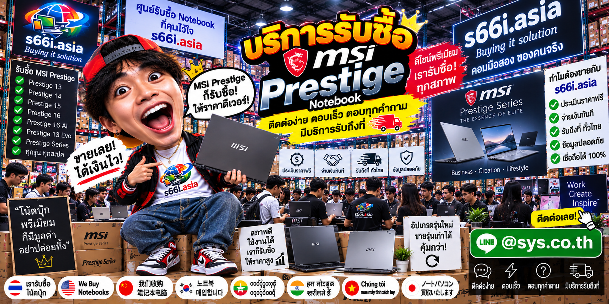 LINE @sys.co.th ช่องทางส่งข้อมูล MSI Prestige เพื่อประเมินกับ s66i.asia