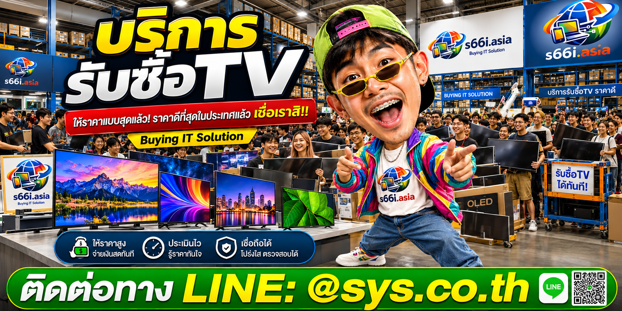 โกดังรับซื้อtv s66i.asia มีทีวีจำนวนมากและลูกค้ามาใช้บริการ